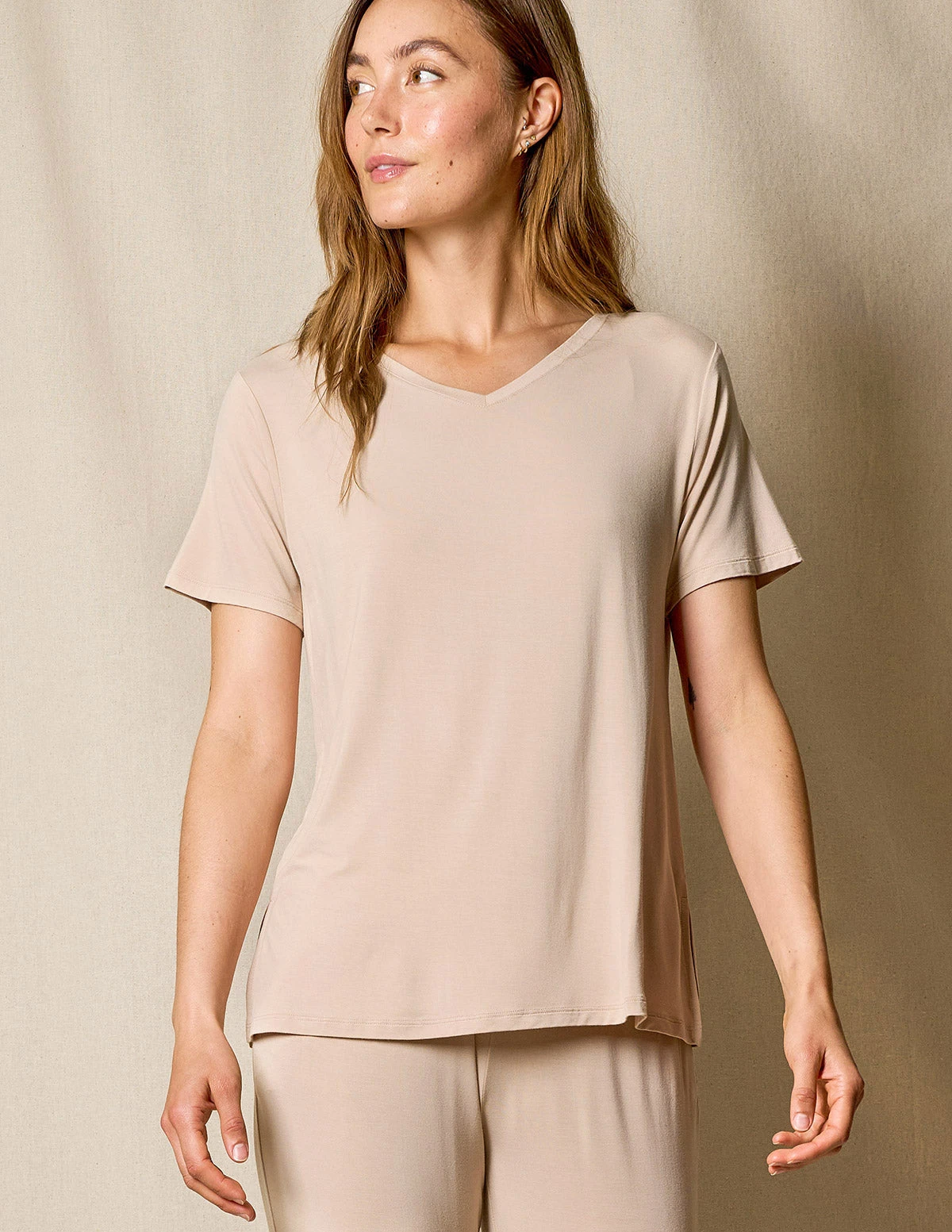 Bamboo V-Neck Sleep Tee - Almond 5 Bamboo V-Neck Sleep Tee - Almond - Image 3