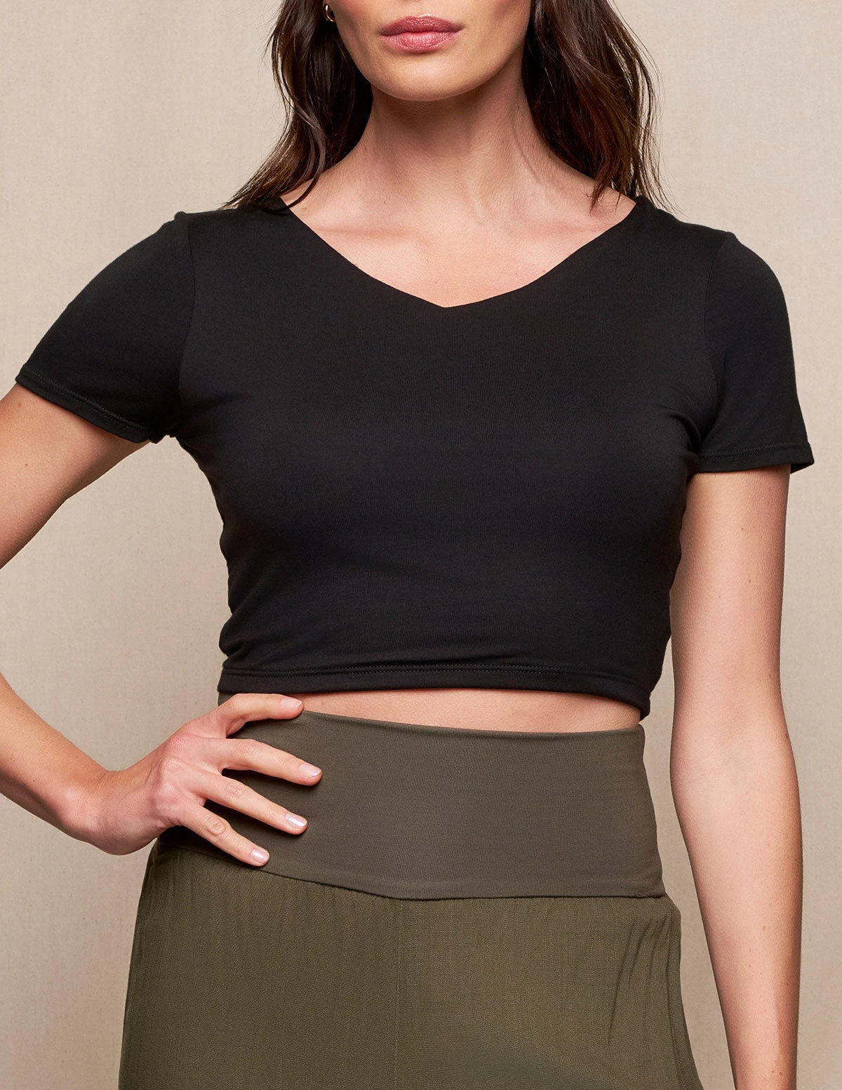 Bamboo Double Front Crop Top - Black