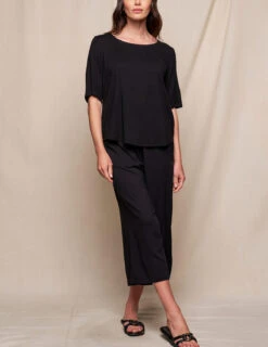 Linen / Bamboo Soft Waist Capri Pants - Black -Tops & Tees Sale SIVANA0415252870