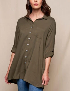 Linen / Bamboo Button Front Tunic - Olive