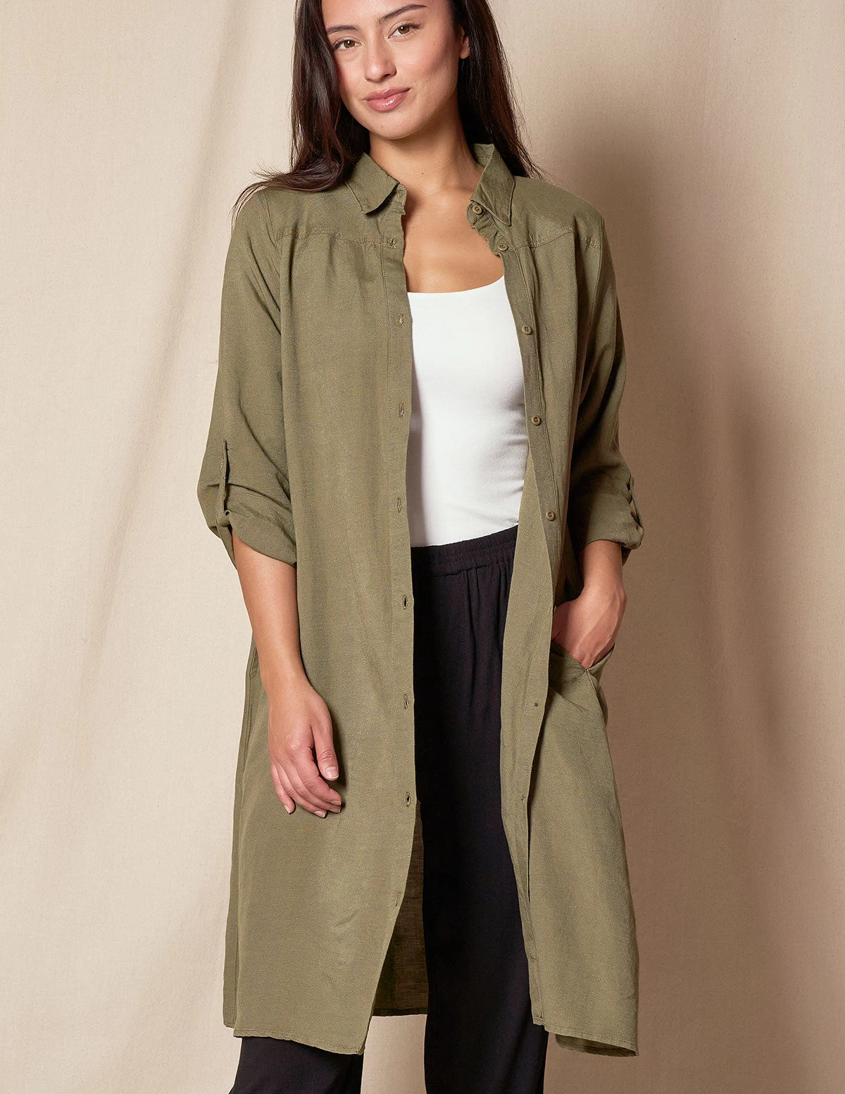 Linen / Bamboo Shirtdress - Army 3 Linen / Bamboo Shirtdress - Army