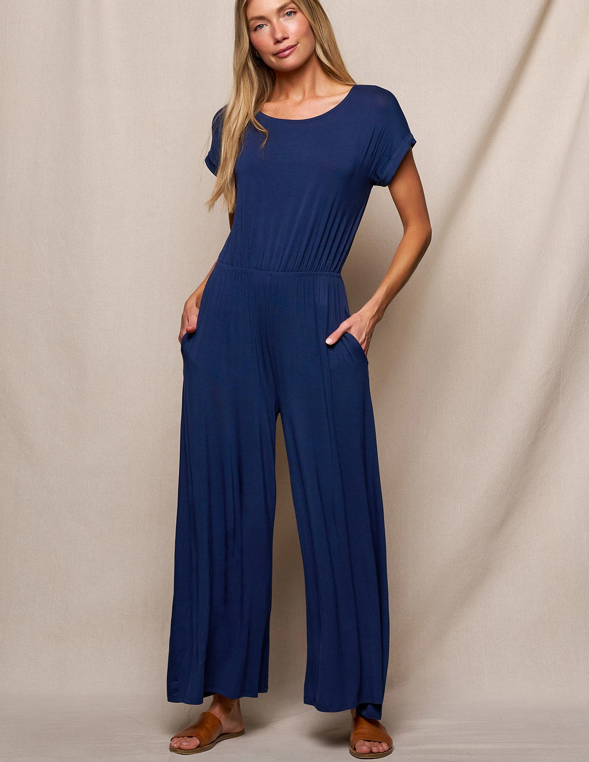 Bamboo Short Sleeve Jumpsuit - Navy 5 Bamboo Short Sleeve Jumpsuit - Navy - Image 3