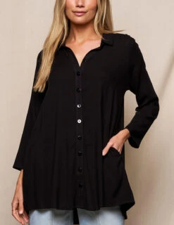 Linen / Bamboo Button Front Tunic - Black -Tops & Tees Sale SIVANA3580