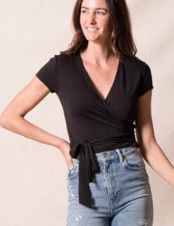 Bamboo Cap Sleeve Wrap Top - Black 8 Bamboo Cap Sleeve Wrap Top - Black -Tops & Tees Sale sivana bamboo cap sleeve wrap top 32077248790711