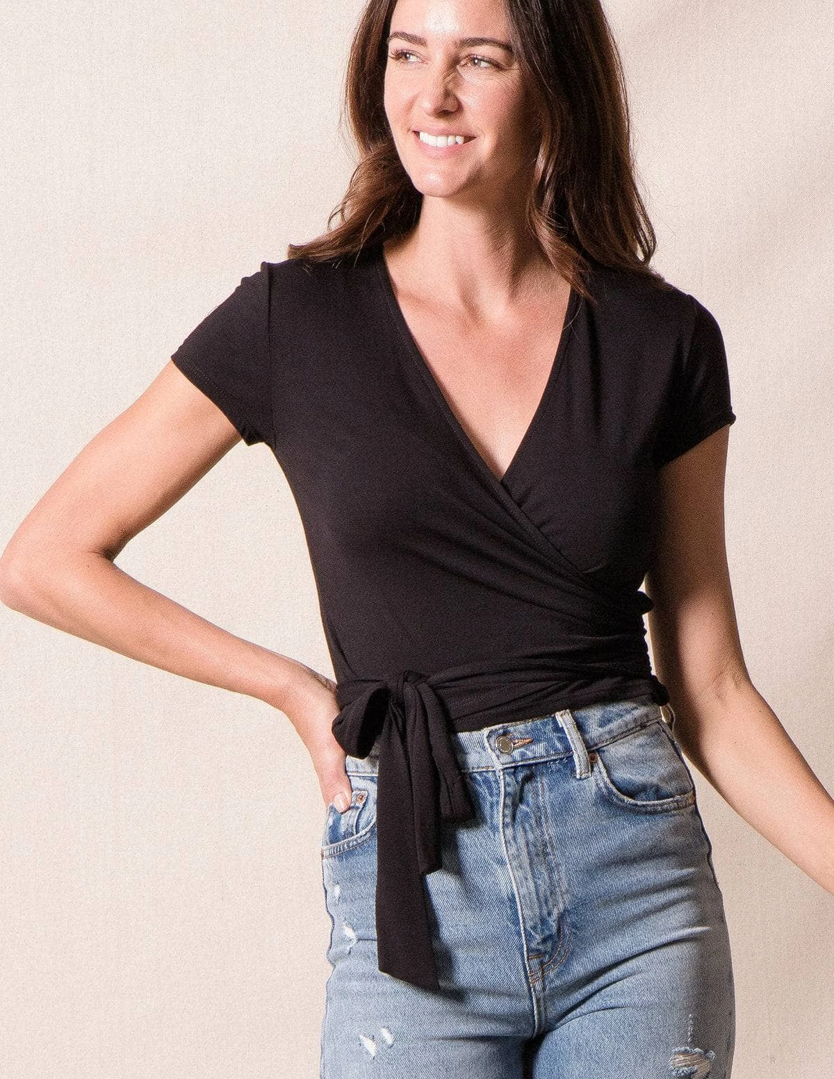 Bamboo Cap Sleeve Wrap Top - Black 5 Bamboo Cap Sleeve Wrap Top - Black - Image 3